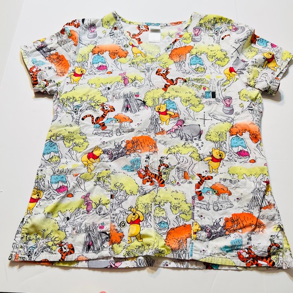 Disney Winnie the Pooh friends white background Med Scrub top - Picture 4 of 15